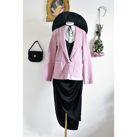 vintage Jackets & Blazers - vintage 70s pastel pink nubby knit oversized blazer eclectic maximalist chic S